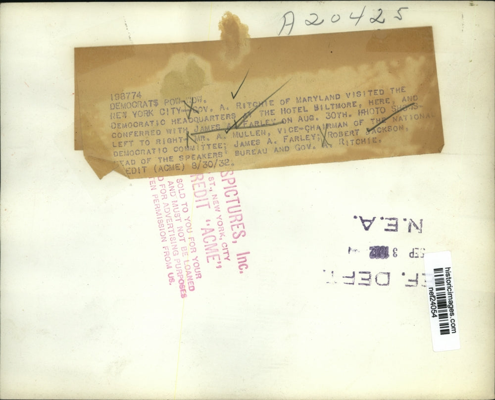 1932 Press Photo Gov A. Ritchie Visits Democratic Headquarters at Biltmore Hotel