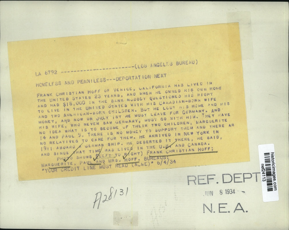 1934 Press Photo Frank Christian Hoff Homeless & Penniless Deportation Next