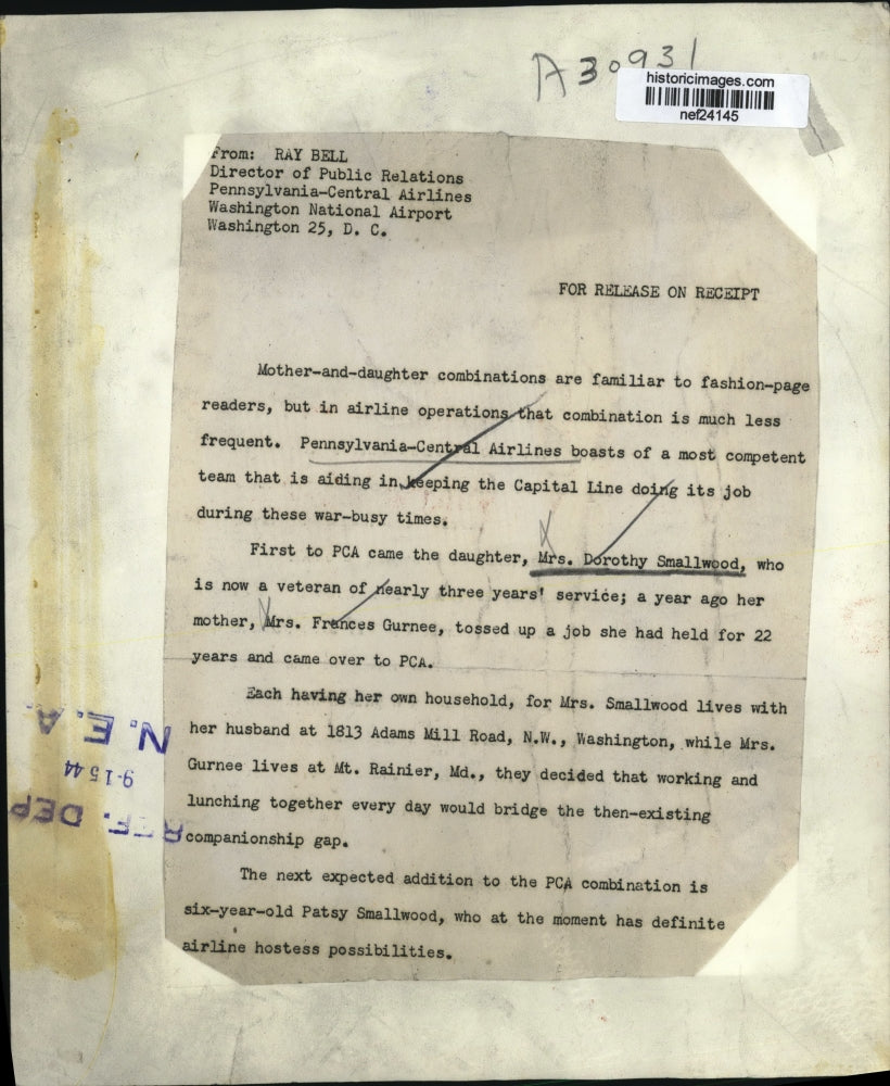 1944 Press Photo Pennsylvania-Central Airlines Boasts Mother-Daughter Team