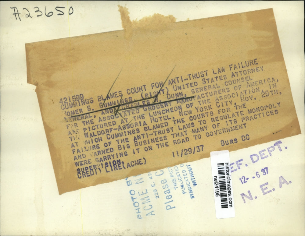 1937 Press Photo Homer S.Cummings U.S Atty. General and Charles Dunn