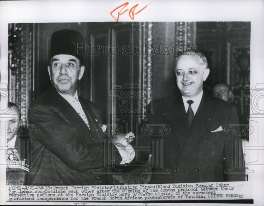 1956 Press Photo Christian Pineau of French and Tahar Ben Ammar of Tunisian