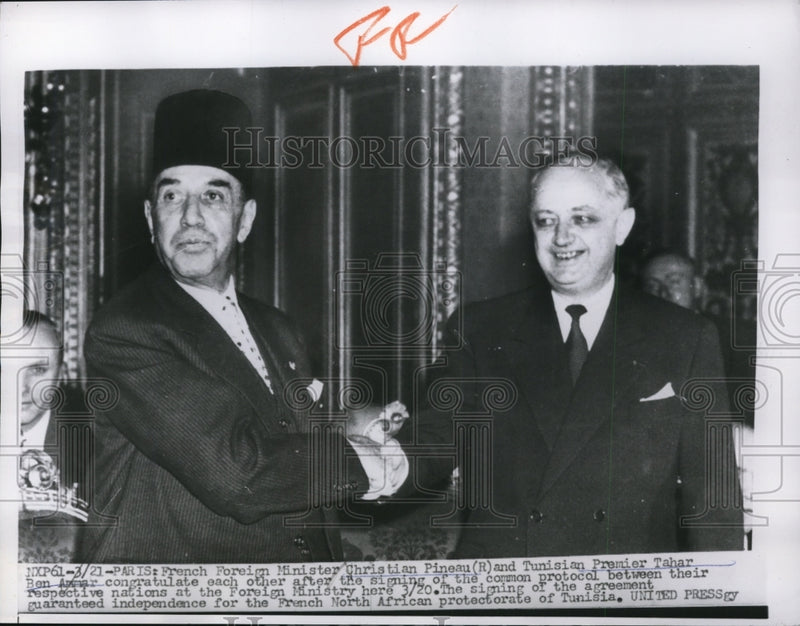 Load image into Gallery viewer, 1956 Press Photo Christian Pineau of French and Tahar Ben Ammar of Tunisian
