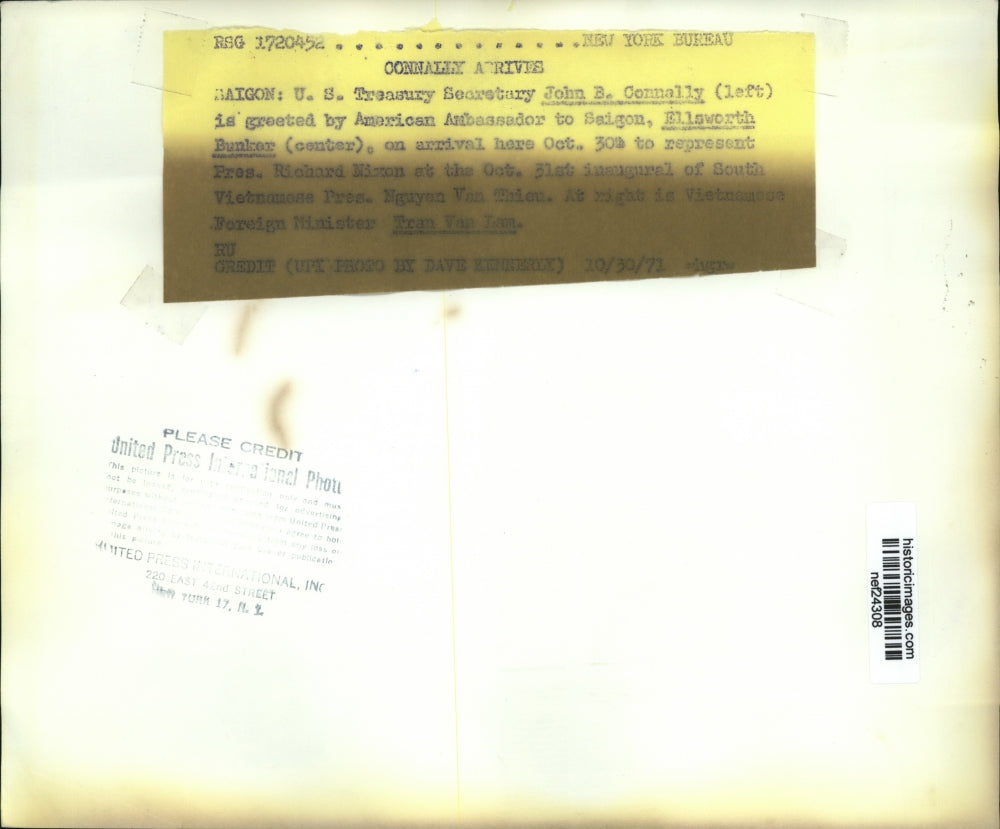 1972 Press Photo John B Connally Greeted By Ellsworth Bunker (C) On Arrival Here