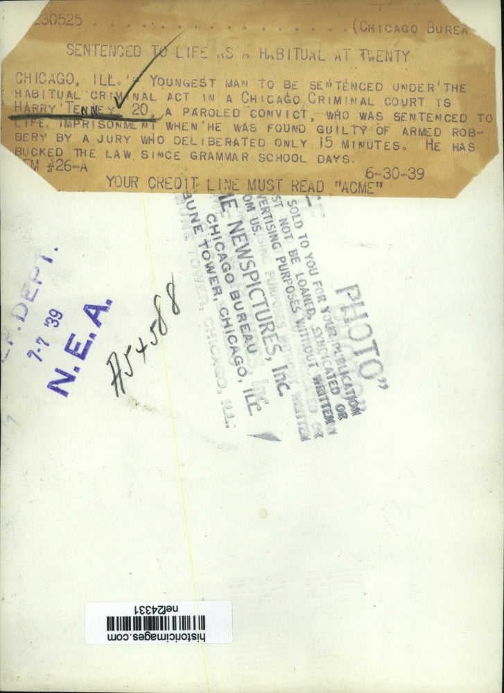 1939 Press Photo Youngest Man Harry Tenney To Be Sentenced as Habitual Criminal