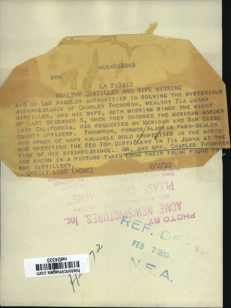 1933 Press Photo Mr & Mrs Charles Thompson Missing Since December 5th