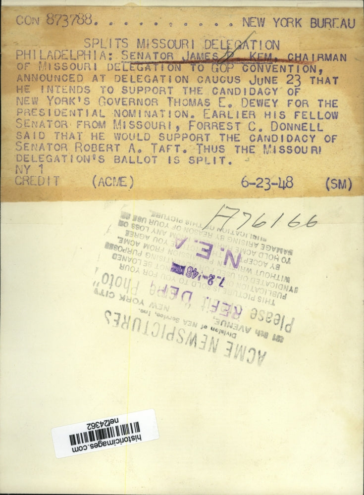 Load image into Gallery viewer, 1948 Press Photo Sen James Kem Intends To Support New Yorker's Gov Thomas Dewey

