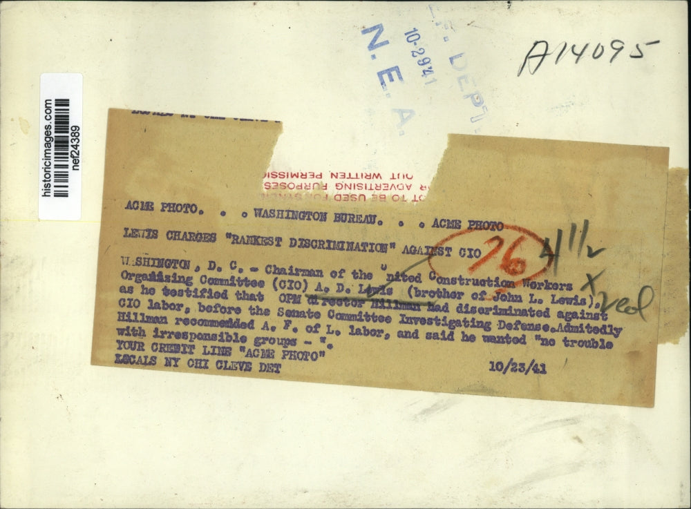 1941 Press Photo A.D Lewis Testifies OPM Hillman Discriminated Against CIO Labor