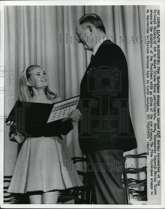 1970 Press Postmaster Winton Blount Presents Tricia Nixon New Christmas Stamps