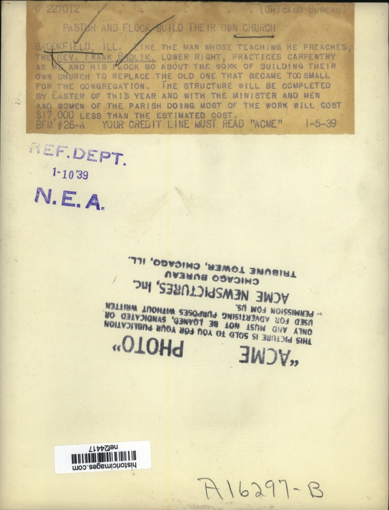 1939 Press Photo Reverend Frank Brdlik and Workers Building Brookfield IL Church