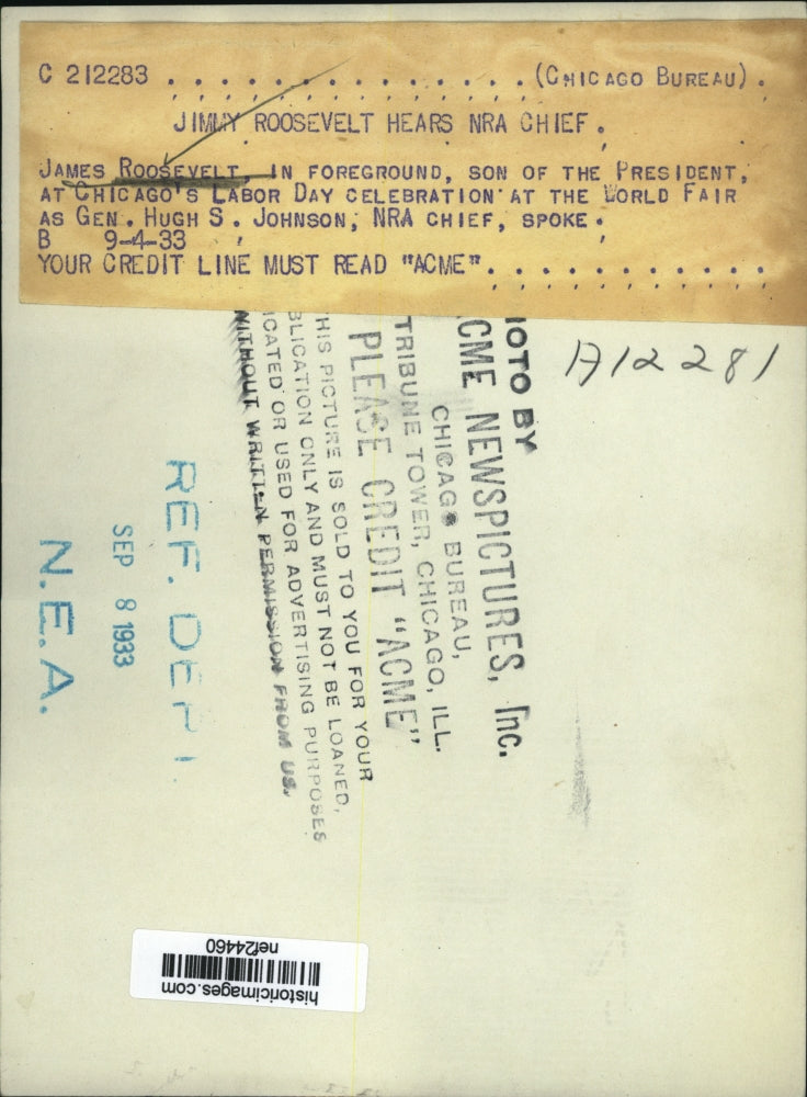 1933 Press Photo James Roosevelt at Labor Day Celebration, World Fair