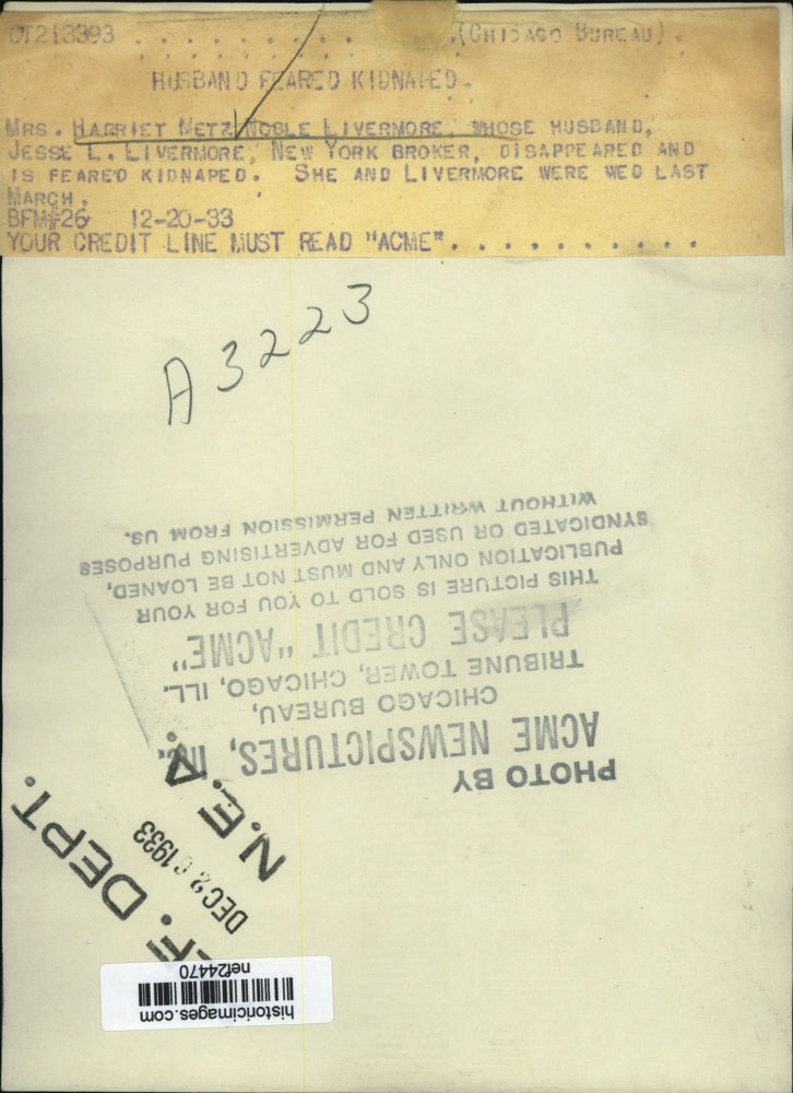 1933 Press Photo Harriet Metznoble Livermore New York Husband Missing