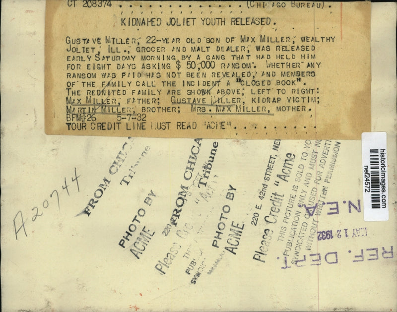 Load image into Gallery viewer, 1932 Press Kidnapped Gustave Miller Released By Gang Who Held Him For 8 Days
