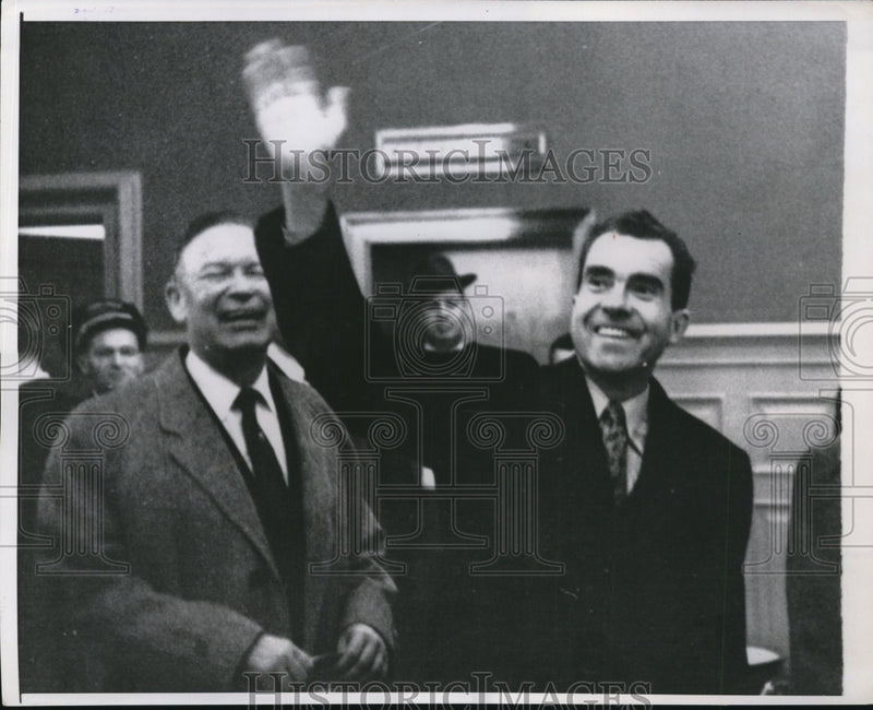 Load image into Gallery viewer, 1958 Press Photo Vice-Pres Nixon Waves at Faithful Party In Hotel Lobby
