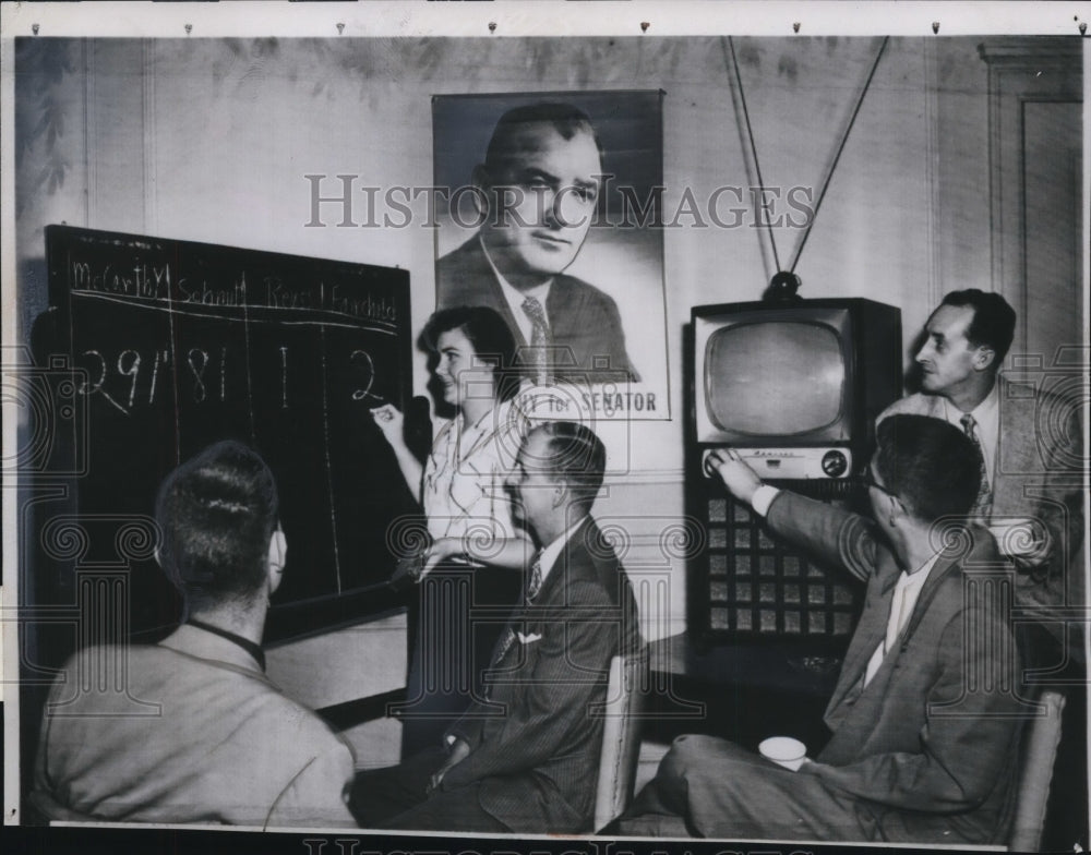 1952 Press Mccarthy Headquarters In Wisconsin Hotel as Workers Chalk Up Returns