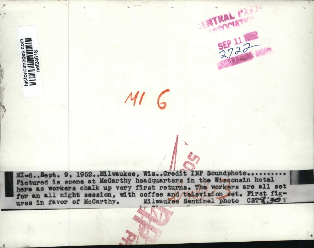 1952 Press Mccarthy Headquarters In Wisconsin Hotel as Workers Chalk Up Returns