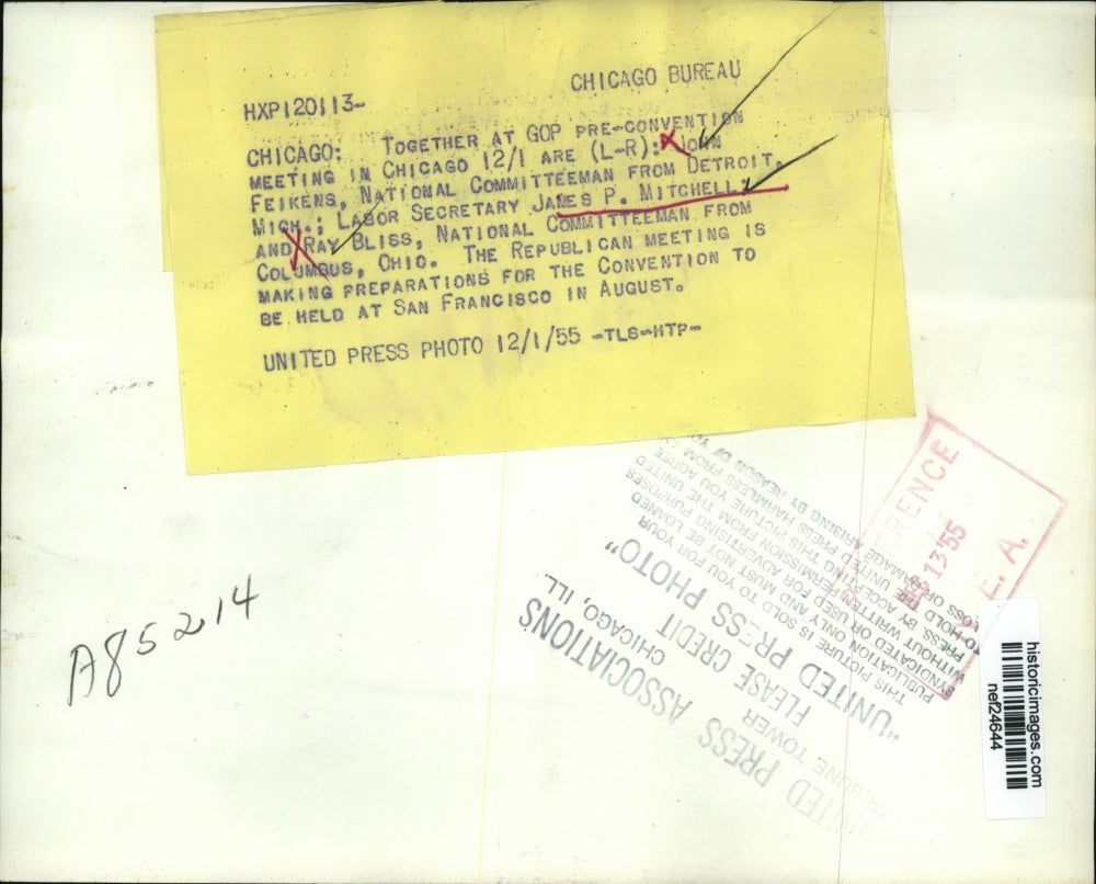 1955 Press Photo James P Mitchel, at GOP pre convention meeting in Chicago.