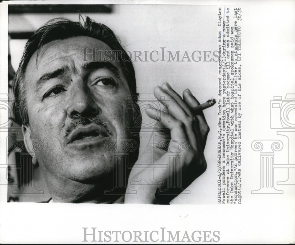 1968 Press Photo Deposed Congressman Adam Clayton Powell ponders a question.