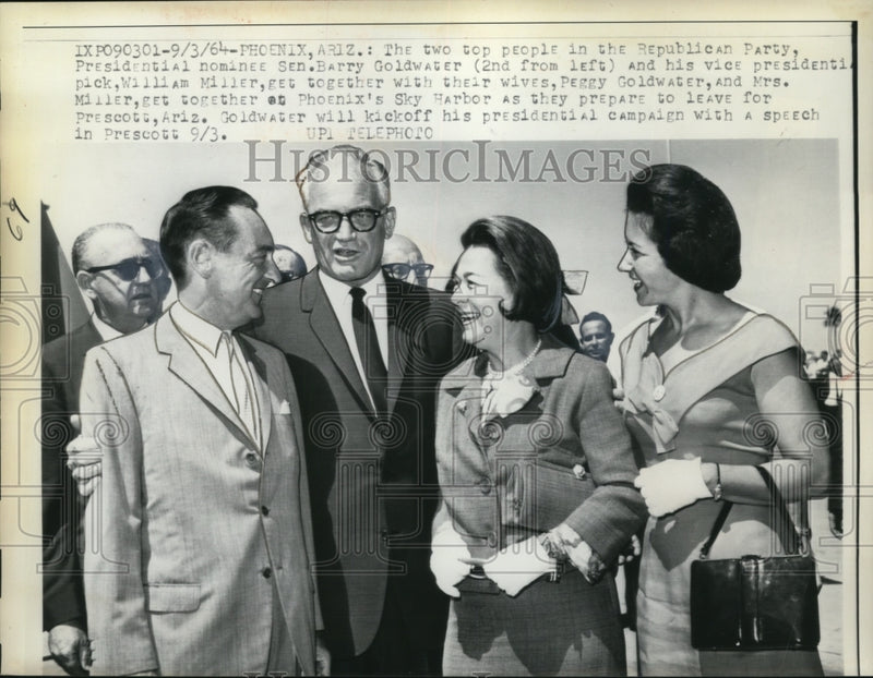 Load image into Gallery viewer, 1964 Press Photo Barry Goldwater, William Miller &amp; Wives at Sky Harbor, Phoenix
