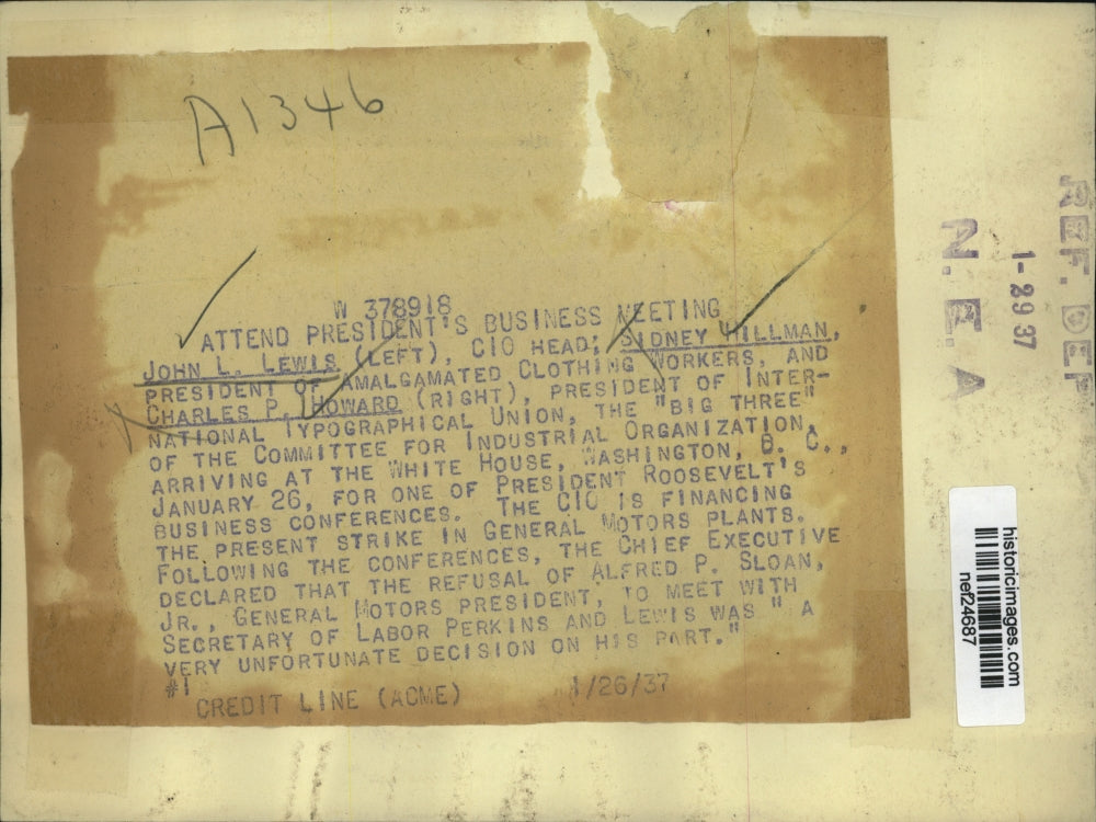1937 Press Photo John L. Lewis, Sidney Hillman, Charles P. Howard at White House