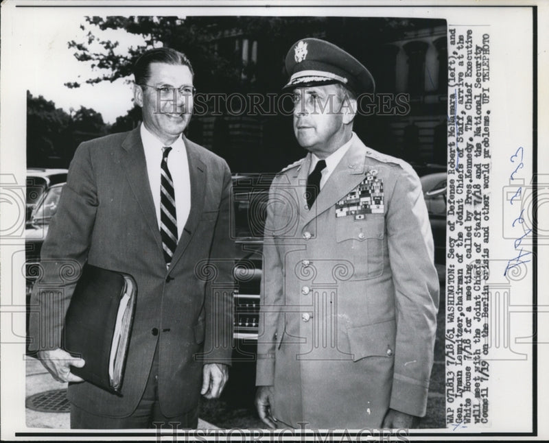 Load image into Gallery viewer, 1961 Press Robert McNamara and Lyman Lemnitser Arrive at White House For Meeting
