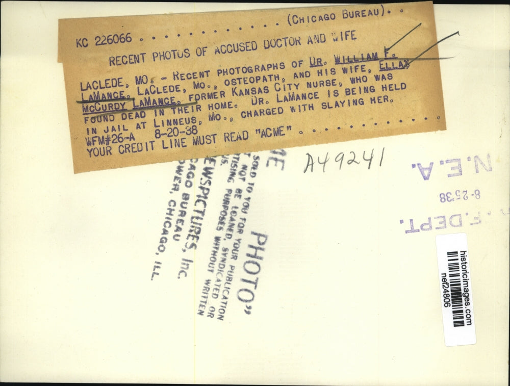 1938 Press Photo Dr. William F. LaMance & Wife Ellay - nef24806