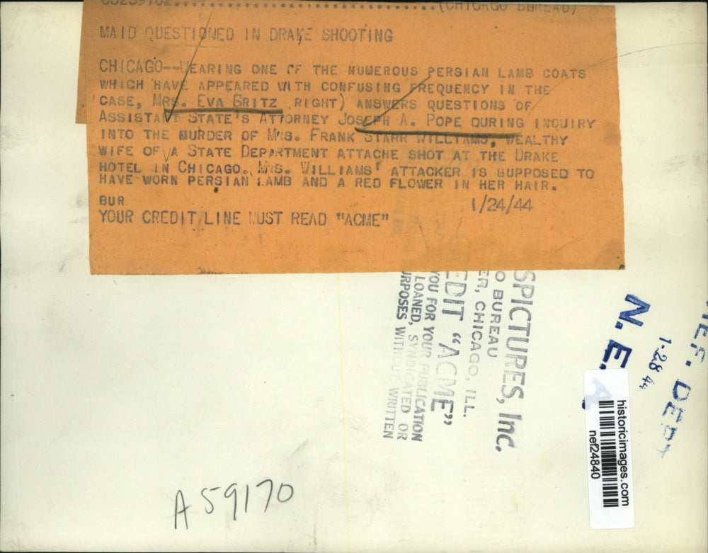 1944 Press Photo Eva Britz Questioned for Frank Starr Williams Murder