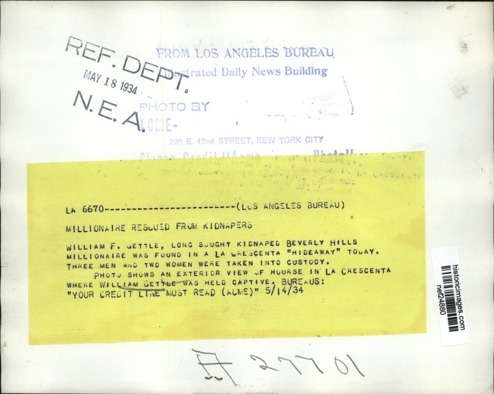 1934 Press Photo Le Crescenta House Where William Gettle Held Captive