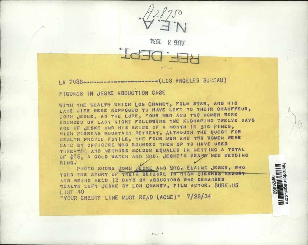 1934 Press Photo John Jeske & Wife Elaine Tell Kidnapping Story - nef24889