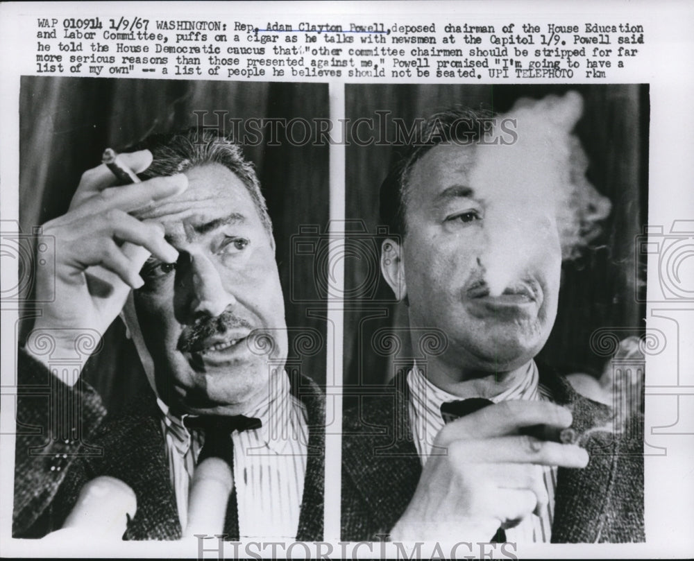 1967 Press Photo Adam Clayton Powell Smoke Cigar at Los Angeles Press Conference