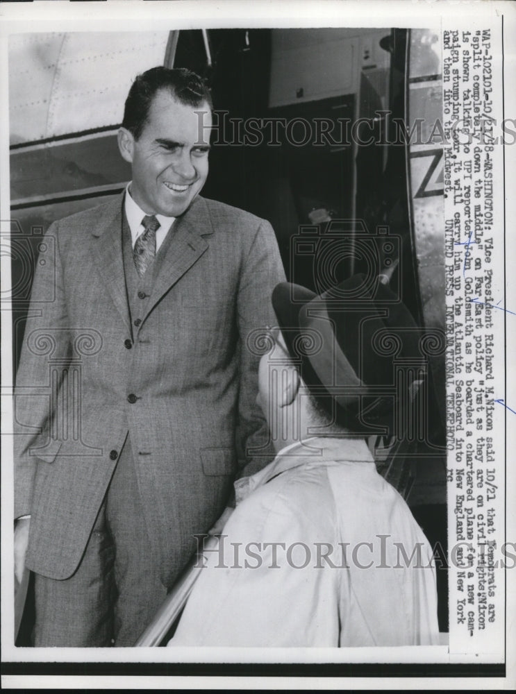 Load image into Gallery viewer, 1958 Press Photo Richard Nixon Talks to UPI Reporter John Goldsmith - nef25043
