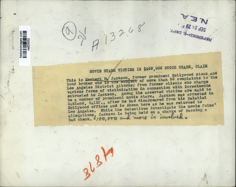 1929 Press Photo Herbert Jackson Hollywood Stock and Bond Broker - nef25052