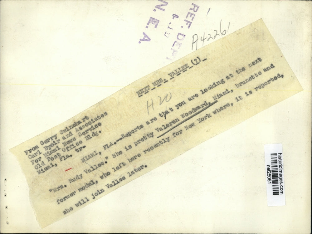 1937 Press Photo Valeren Woodward of Miami, Florida to Marry Rudy Vallee