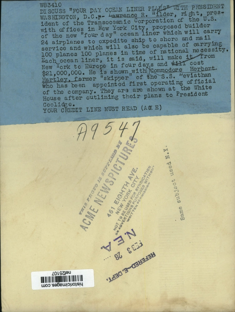 1928 Press Photo Lawrene R Wilder Pres.of Transoceanic with Cmdr.Herbert Hartley