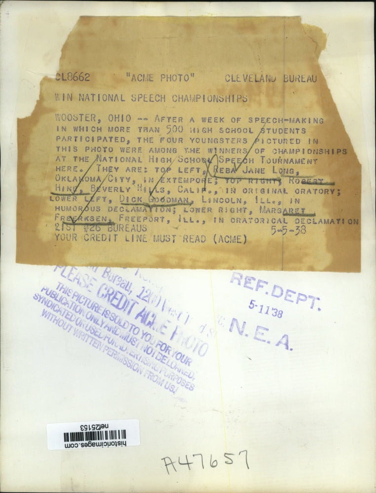 1938 Press Photo Winners of Championships at the Natl. H.S Speech Tournament