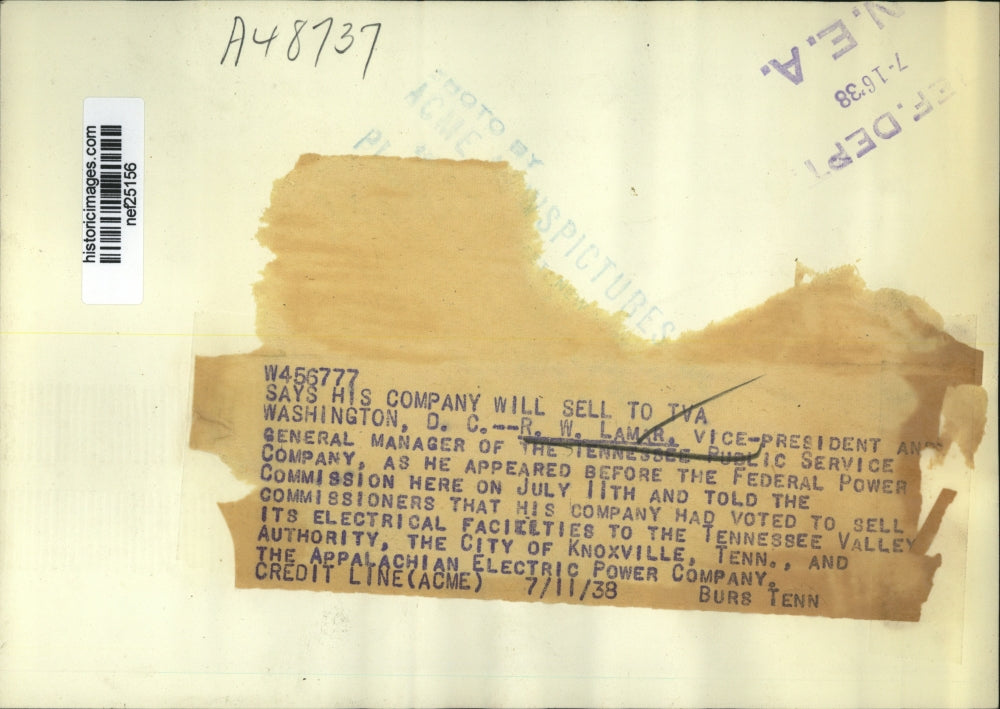 1938 Press Photo R.W.Lamar, Vice Pres. and Gen.Manager of Tenn.Public Service Co