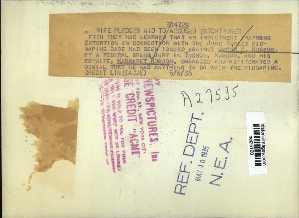 1935 Press Photo Oscar H.Robson and Ex wife Margaret charged with Extortion