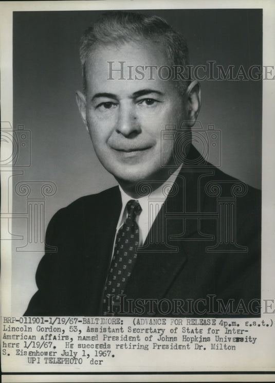 1967 Press Photo Lincoln Gordon Named Pres of John Hopkins University