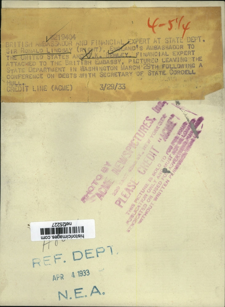 1933 Press Photo Sir Ronald Lindsay and P.K. Bewley Pictured Leaving State Dept