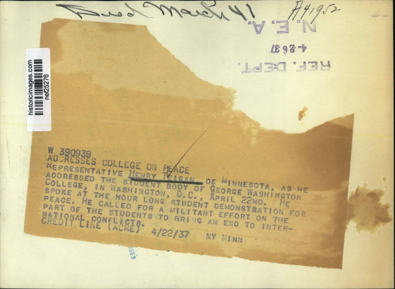 Load image into Gallery viewer, 1937 Press Henry Teigan Addressed Student Body of George Washington College
