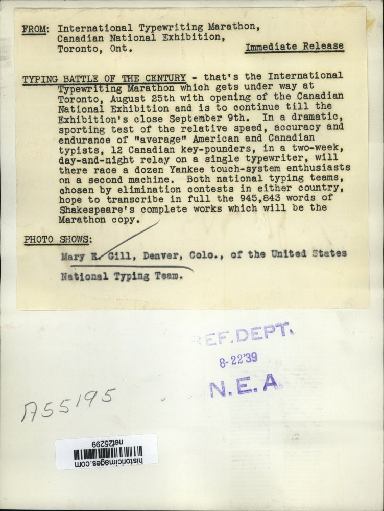 1939 Press Photo Mary E. Gill of United States National Typing Team - nef25299