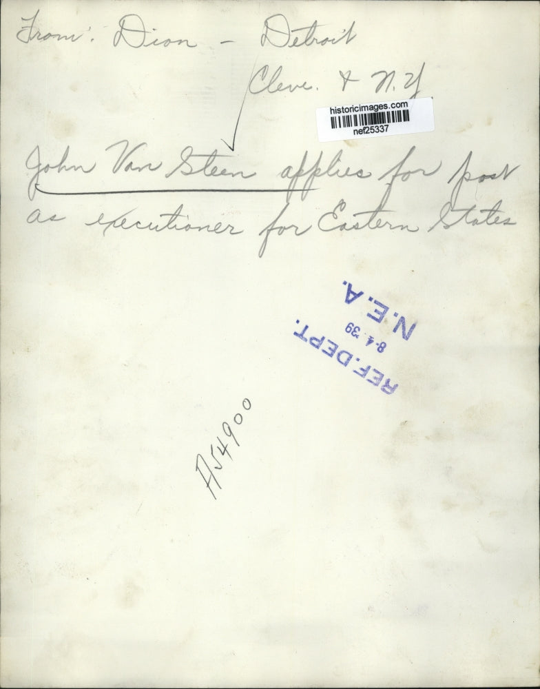 1939 Press Photo John Van Steen Applies as Detroit Executioner to Avoid WPA