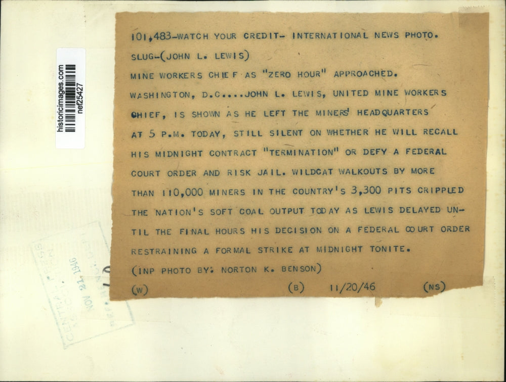 1946 Press Photo John L. Lewis at Miners' Headquarters, Washington, D.C.