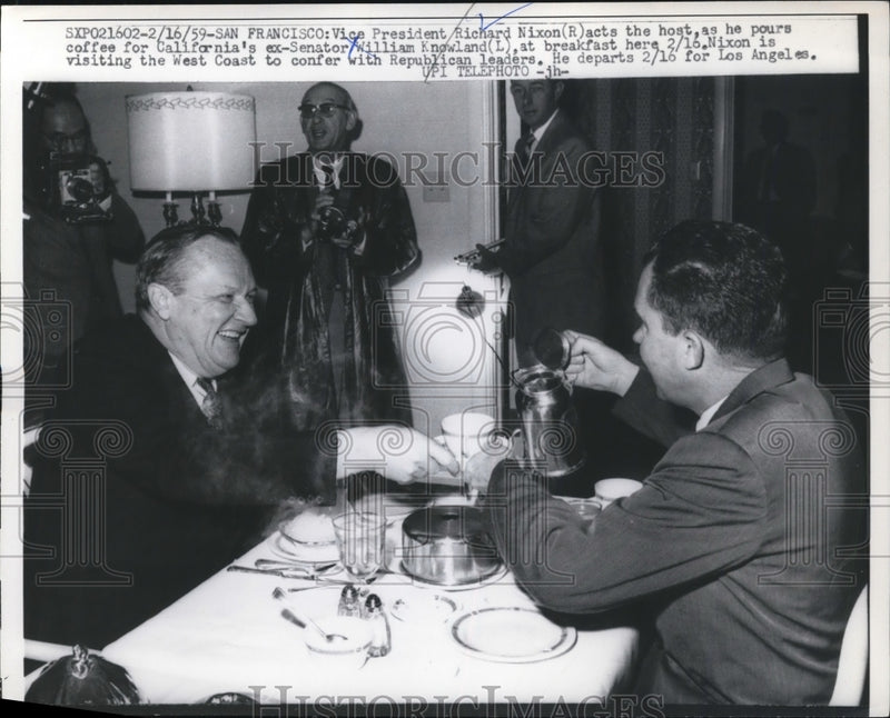 Load image into Gallery viewer, 1959 Press Photo Richard Nixon at Breakfast with William Knowland, San Francisco
