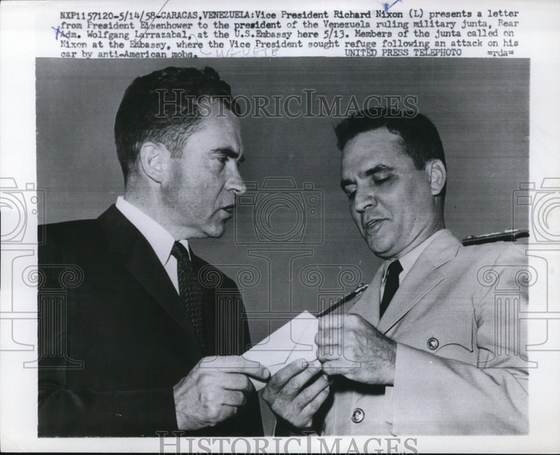 Load image into Gallery viewer, 1958 Press Photo Richard Nixon Gives Presidential Letter to Wolfgang Larrazabal
