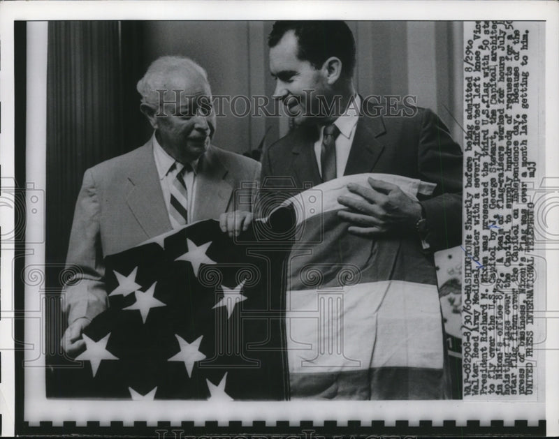 Load image into Gallery viewer, 1960 Press Photo Richard Nixon Accepting U.S. Flag from J. George Stewart
