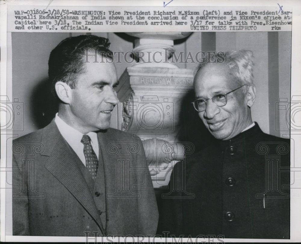 1958 Press Photo Richard Nixon, Sarvapalli Radhakrishnan in Washington, D.C.