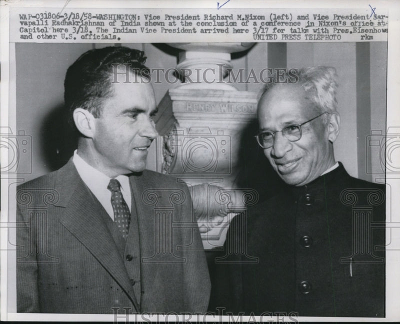 Load image into Gallery viewer, 1958 Press Photo Richard Nixon, Sarvapalli Radhakrishnan in Washington, D.C.
