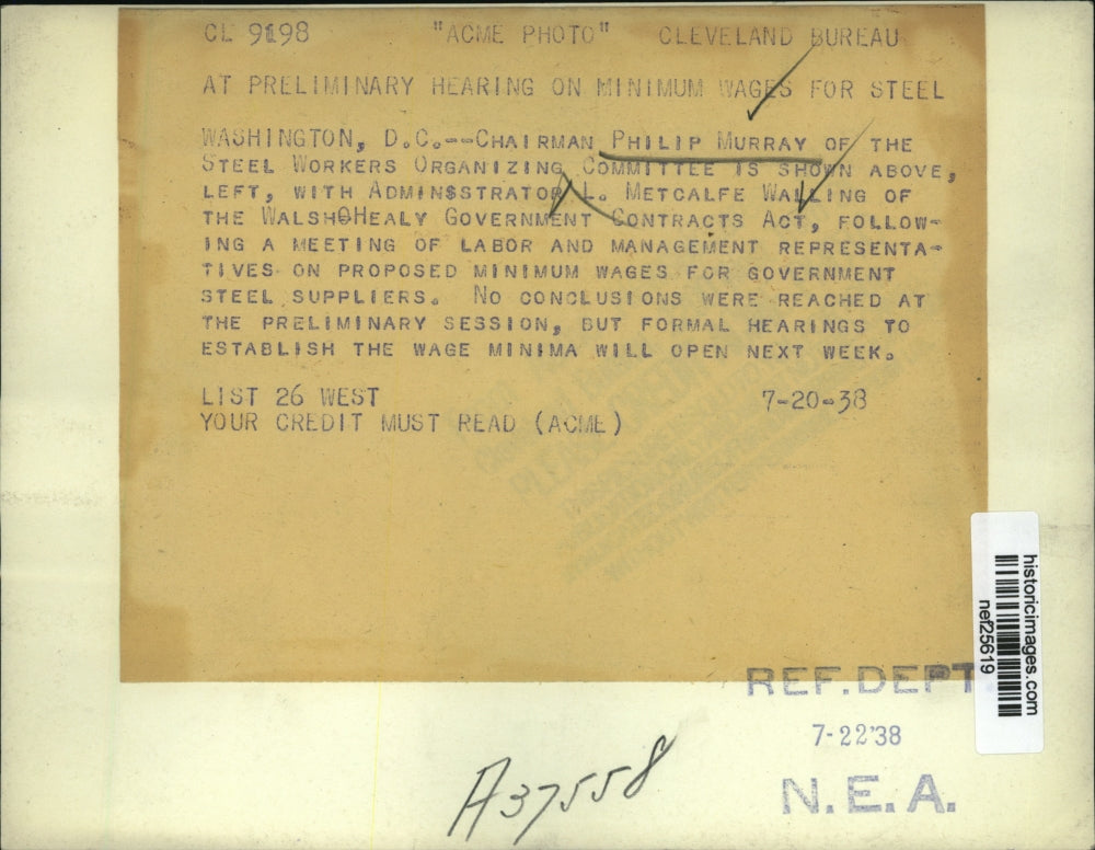 1938 Press Photo Philip Murray, L. Metcalfe Walling at Minimum Wage Hearing