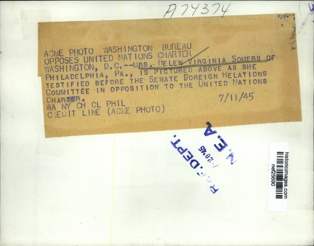 1945 Press Photo Helen Virginia Somers at Senate Foreign Relations Hearing