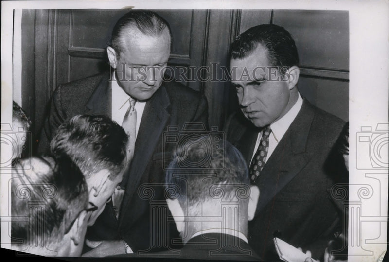 Load image into Gallery viewer, 1955 Press Photo Richard Nixon, William Knowland Talk w Reporters, Washington DC
